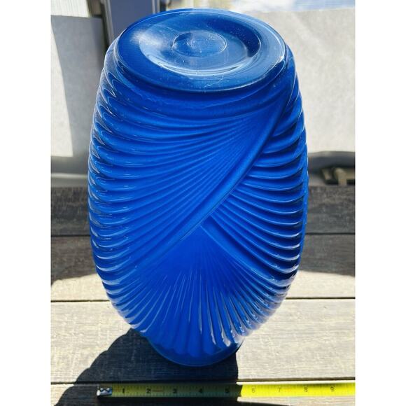 Art Deco Draped Ribbed Pleated Royal Cobalt Blue Glass Vase Vintage Iridescent - Picture 8 of 16